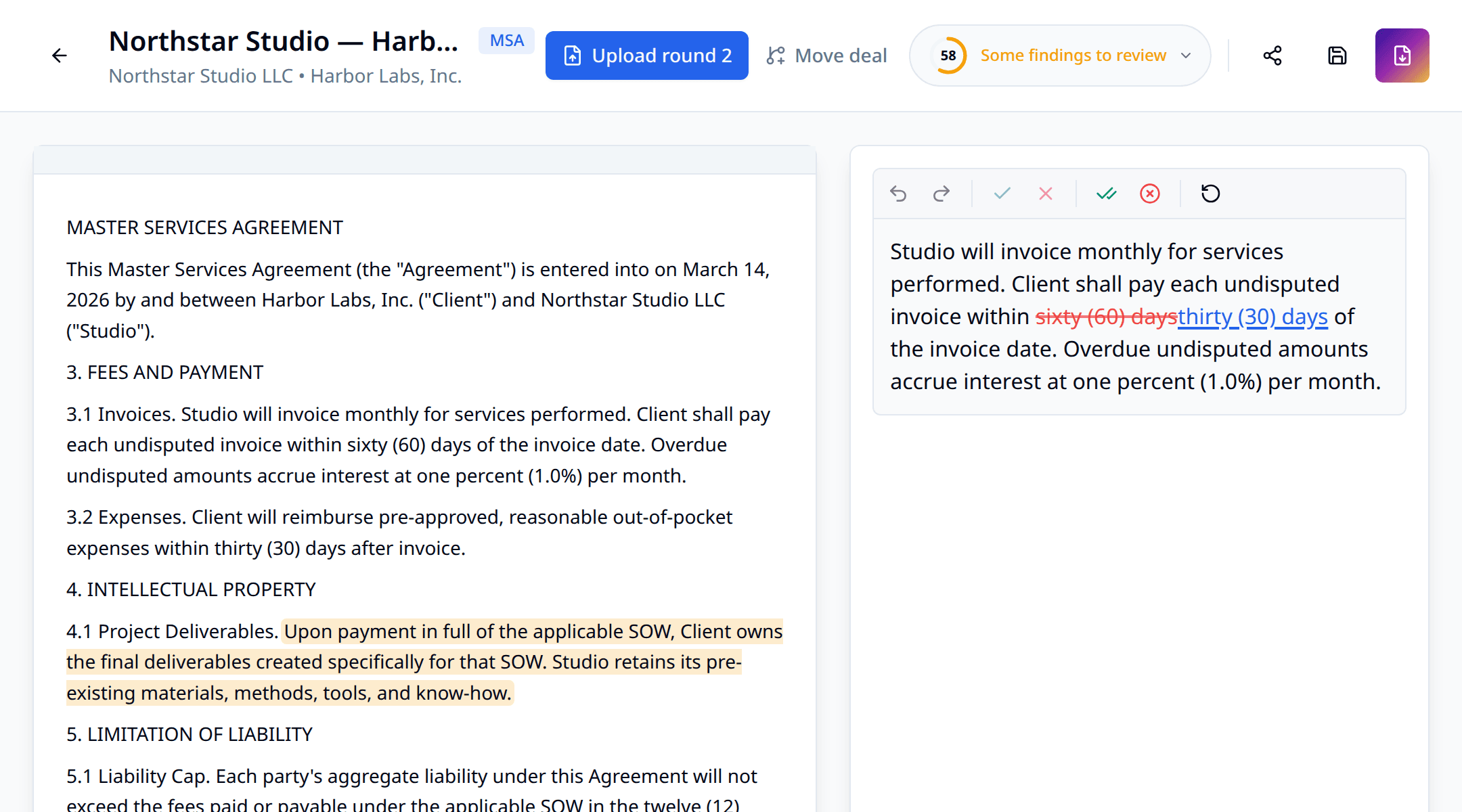 Arendly redline editor suggesting a change from sixty-day to thirty-day payment terms.