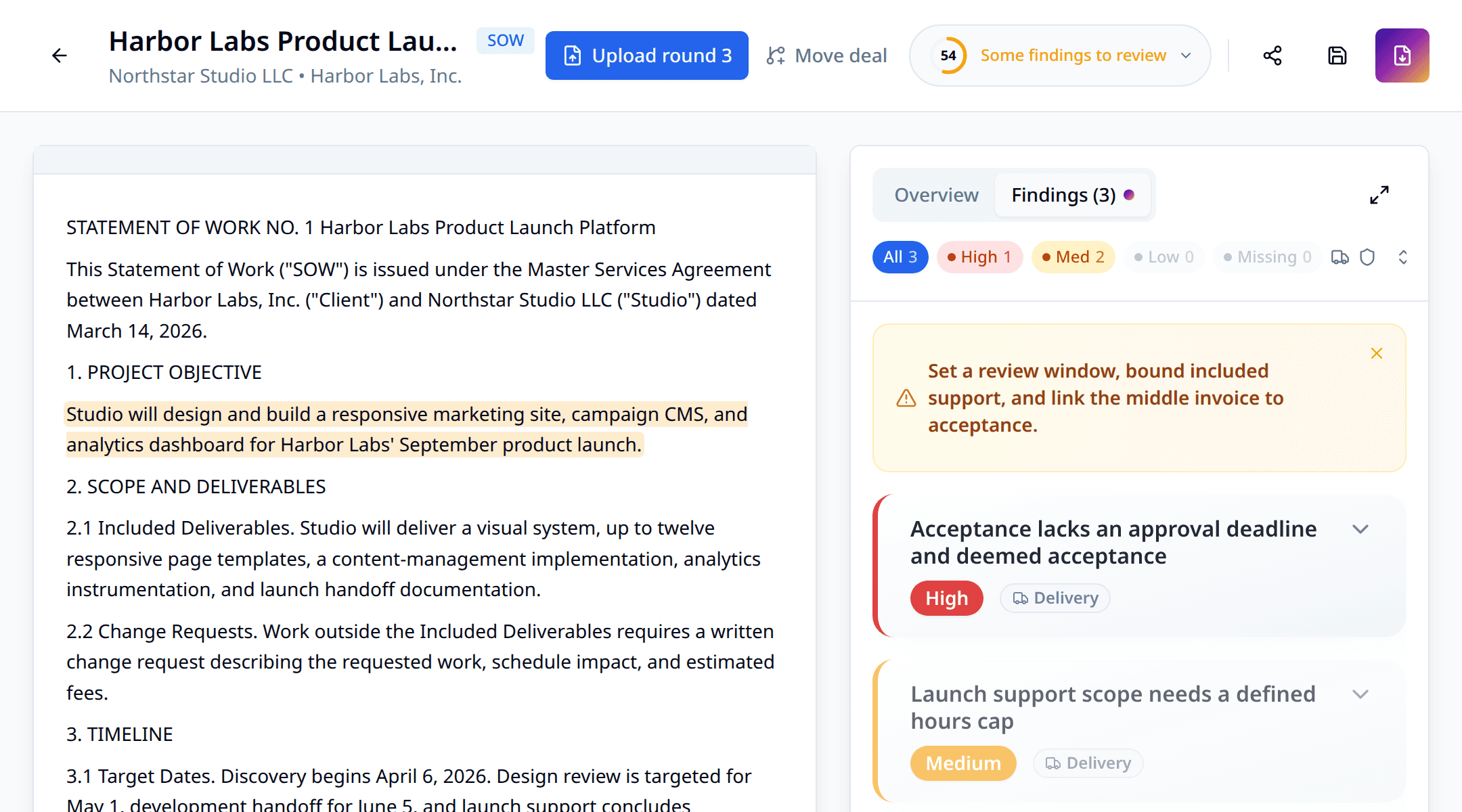 Arendly SOW review highlighting acceptance deadlines and undefined launch support hours.
